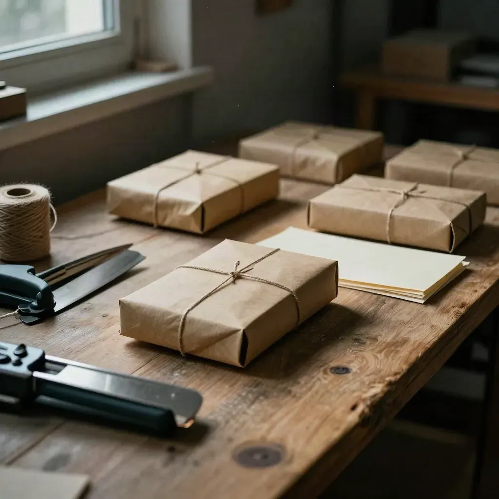 Pacchi kraft e spago su banco di legno, in luce notturna, pronti per la spedizione
