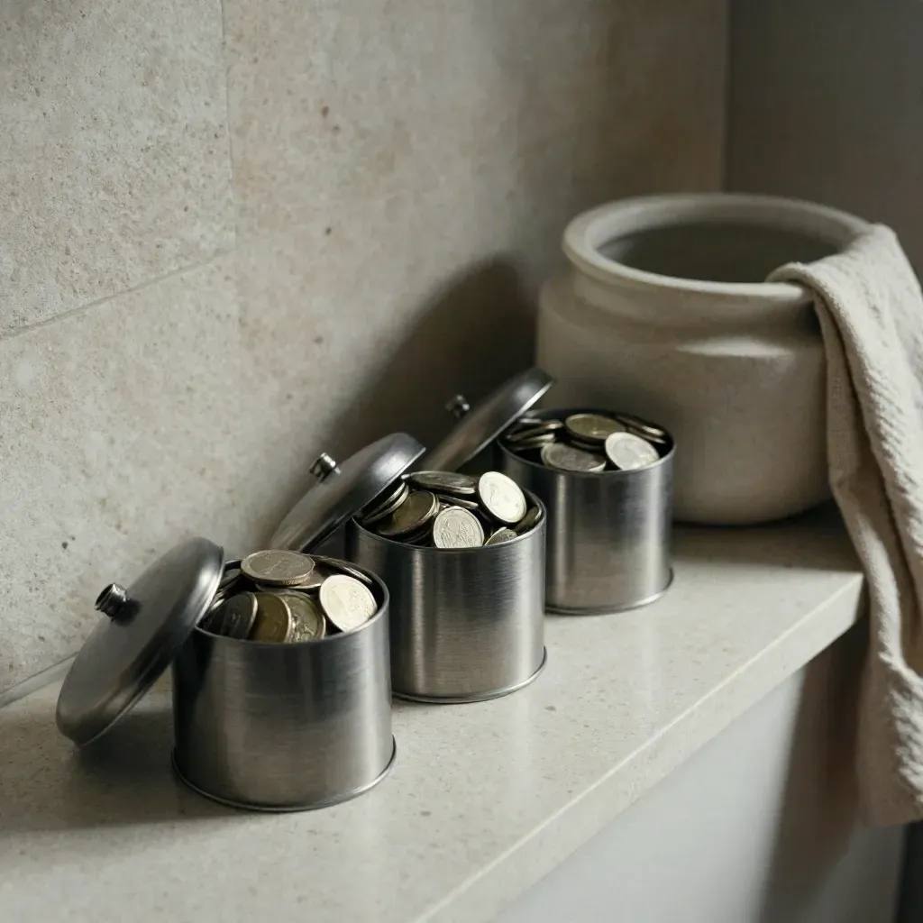 Tre contenitori metallici con monete, vaso basso e tessuto piegato su travertino.