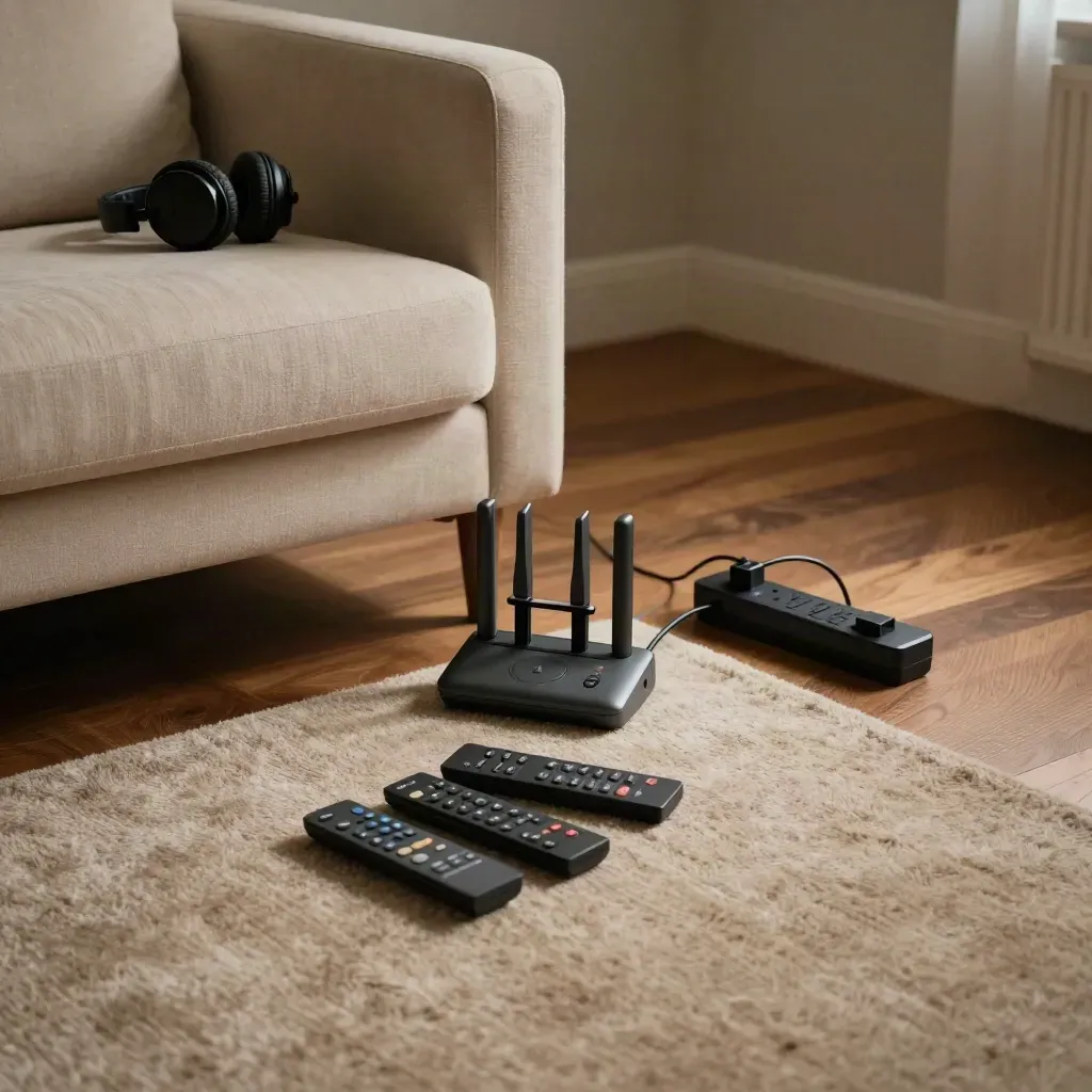 Salotto serale con router spento, telecomandi, cuffie e ciabatta scollegata in luce drammatica