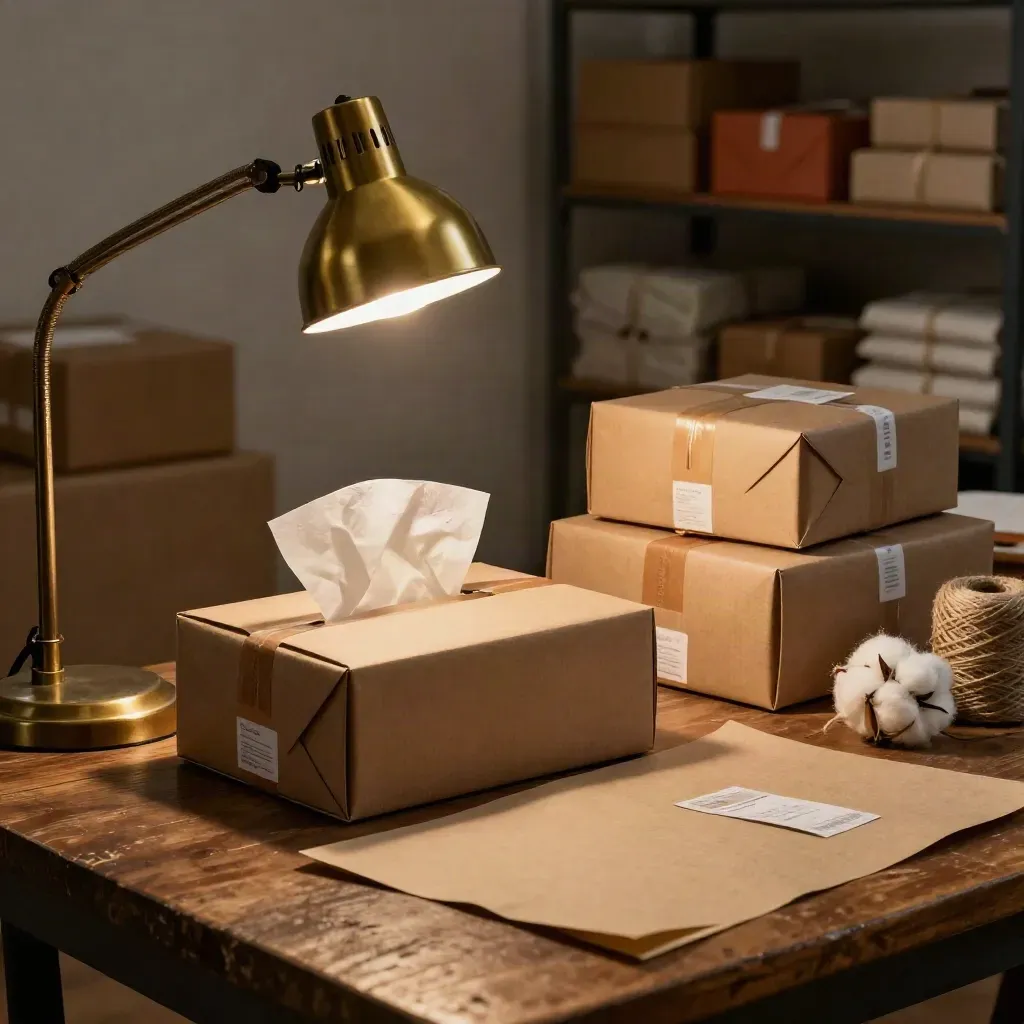 Lampada accesa su banco di lavoro con pacchi pronti per la spedizione, scena serale di side hustle.