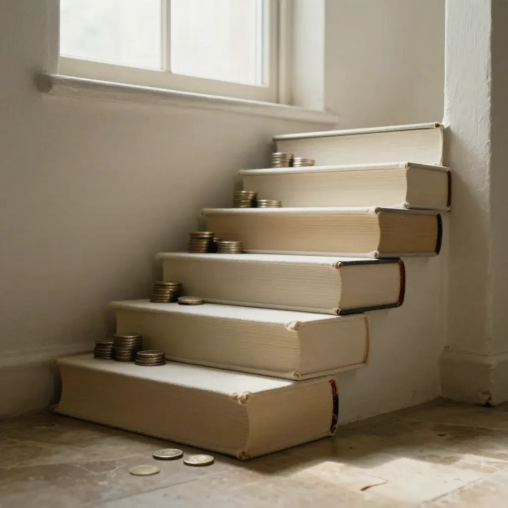 Scala di libri chiusi e monete davanti a un muro chiaro, vista bassa e luce del mattino.