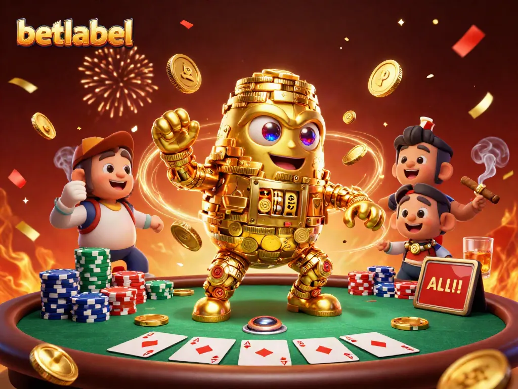 Experience the thrill of gambling with betlabel's vibrant casino scene featuring golden golem and poker elements.